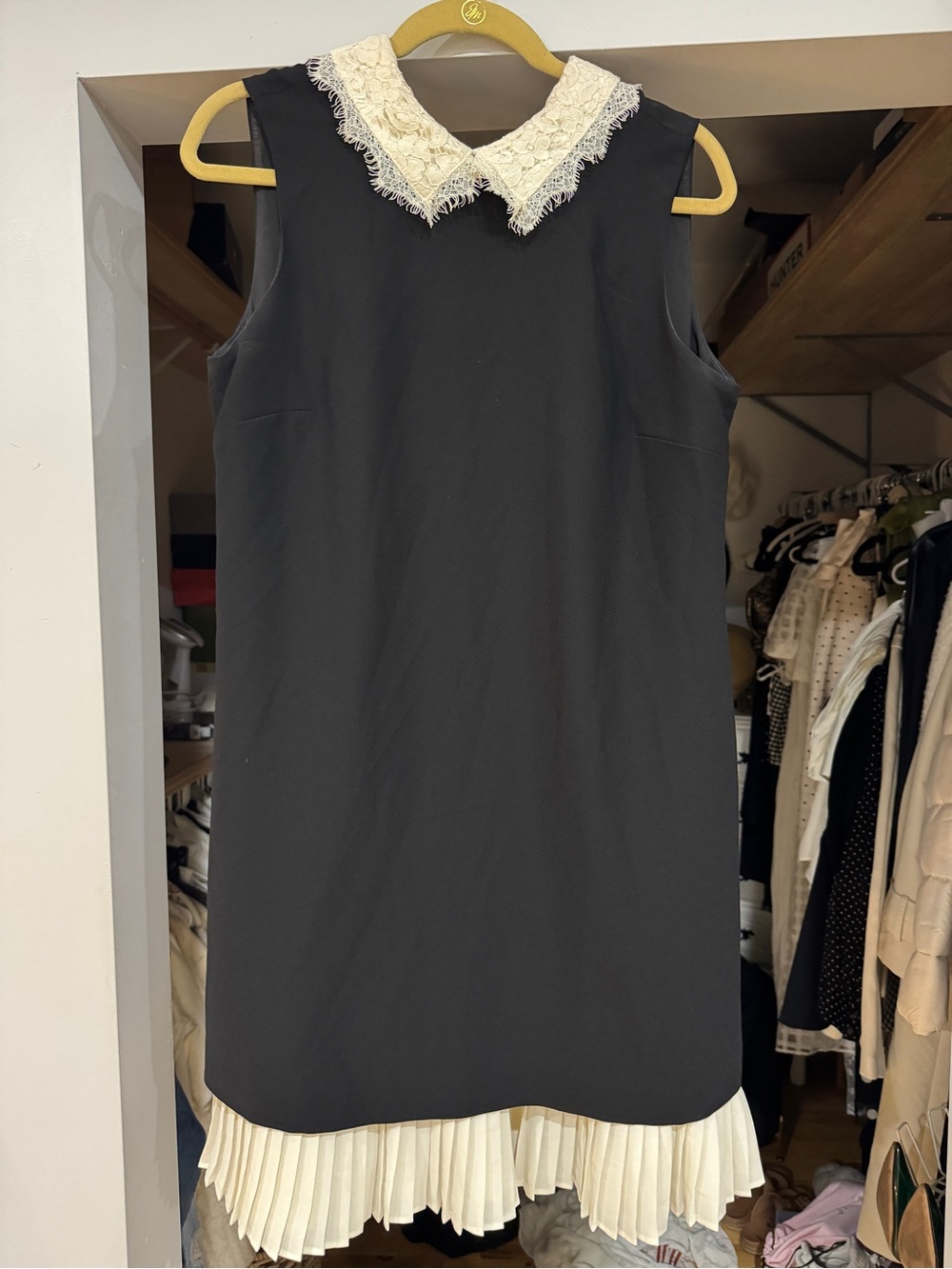 Nanette Lepore Black Mini Dress with Cream Lace Collar and Pleated Hem - Picture 5 of 8